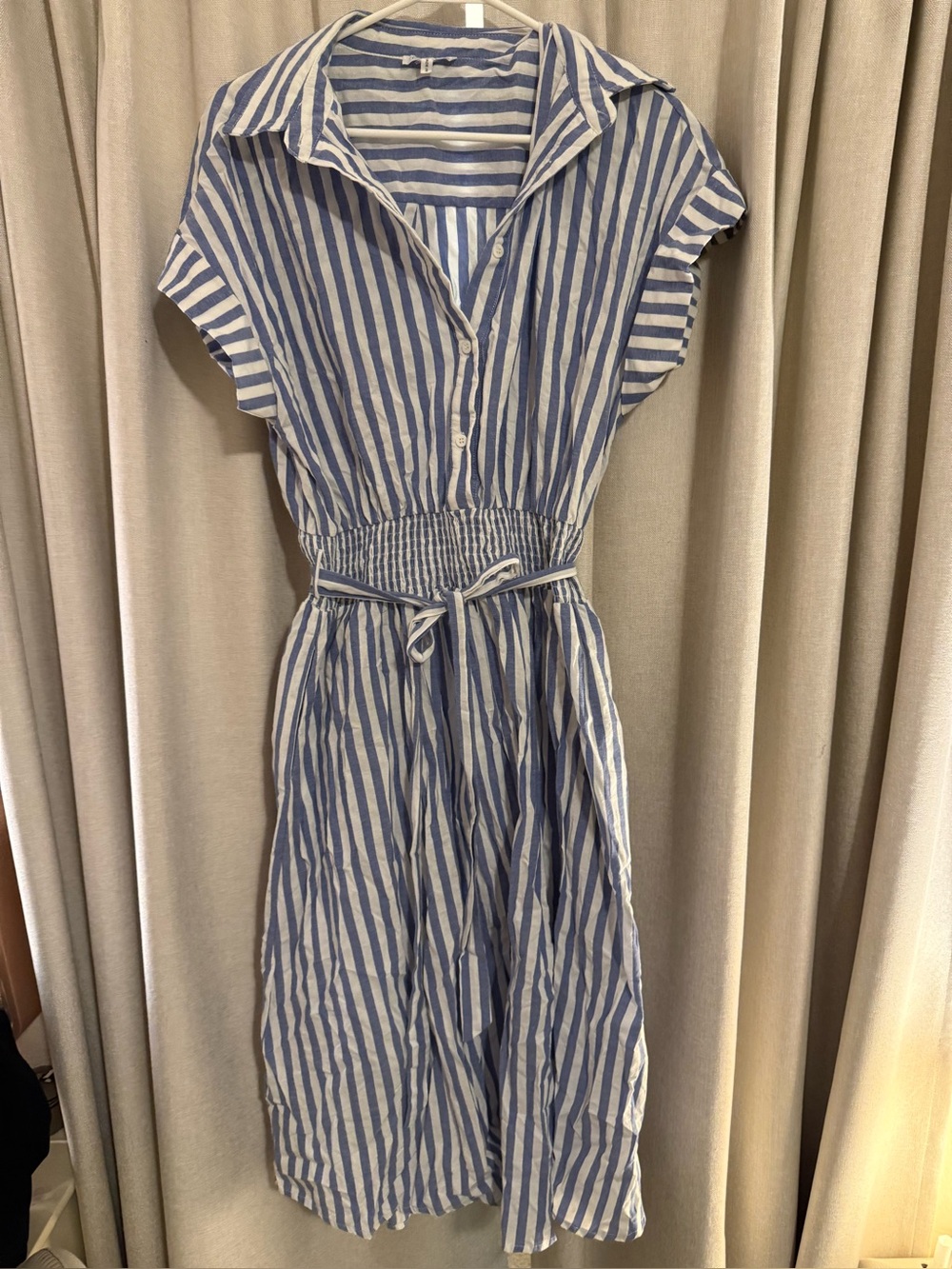 Koo de Ker Calista Striped Blue & White Shirt Dress with Waist Tie L
